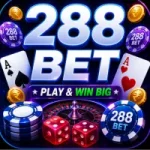 Colorful promotional feature image for “BET 288 GAME” showing bold 3D text in the center with casino-style elements like playing cards, chips, dice, and a roulette wheel on a vibrant neon purple and gold background.